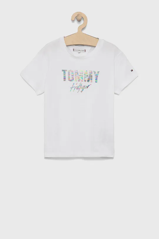 biały Tommy Hilfiger T-shirt bawełniany dziecięcy Dziewczęcy