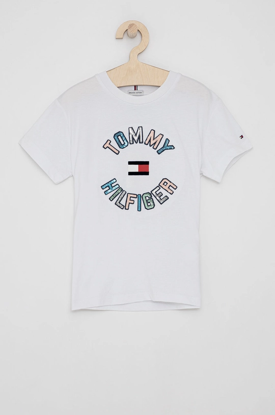 biały Tommy Hilfiger T-shirt bawełniany dziecięcy Dziewczęcy