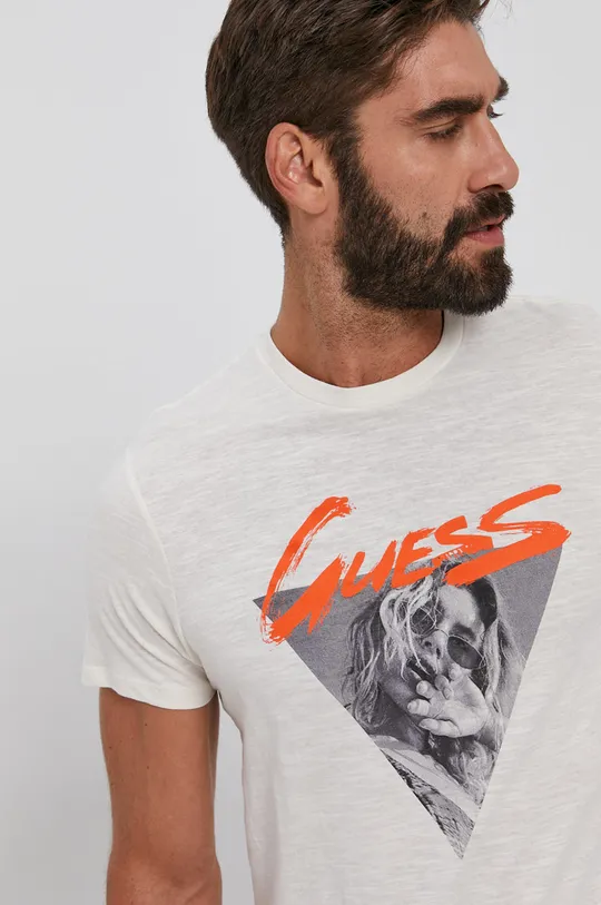 beżowy Guess T-shirt bawełniany