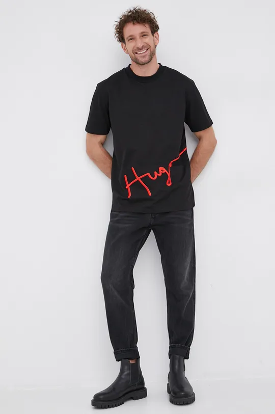 Βαμβακερό μπλουζάκι Hugo μαύρο