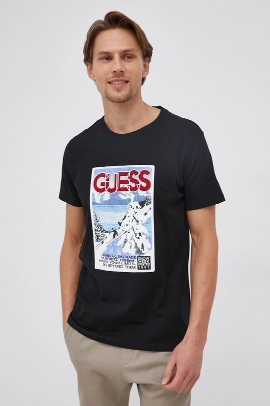 μαύρο Βαμβακερό μπλουζάκι Guess Ανδρικά