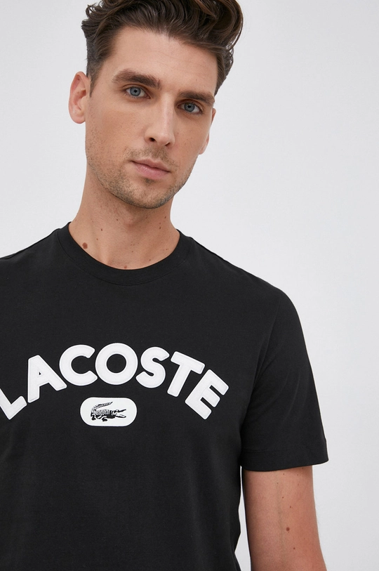 μαύρο Βαμβακερό μπλουζάκι Lacoste