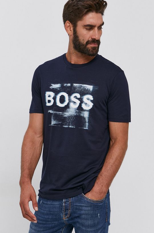 granatowy Boss T-shirt bawełniany Casual Męski
