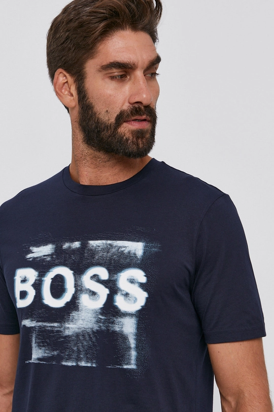 granatowy Boss T-shirt bawełniany Casual 50460579