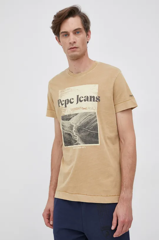 beżowy Pepe Jeans T-shirt bawełniany Męski