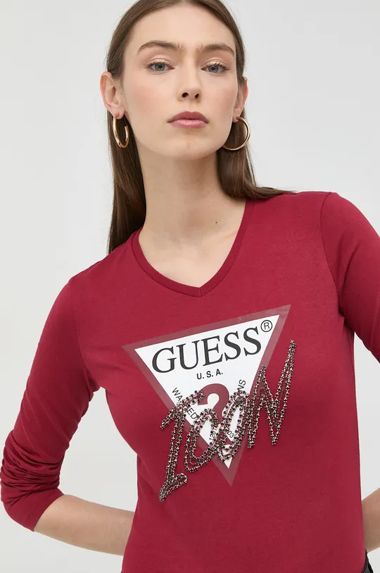 burgundské Bavlnené tričko s dlhým rukávom Guess Dámsky