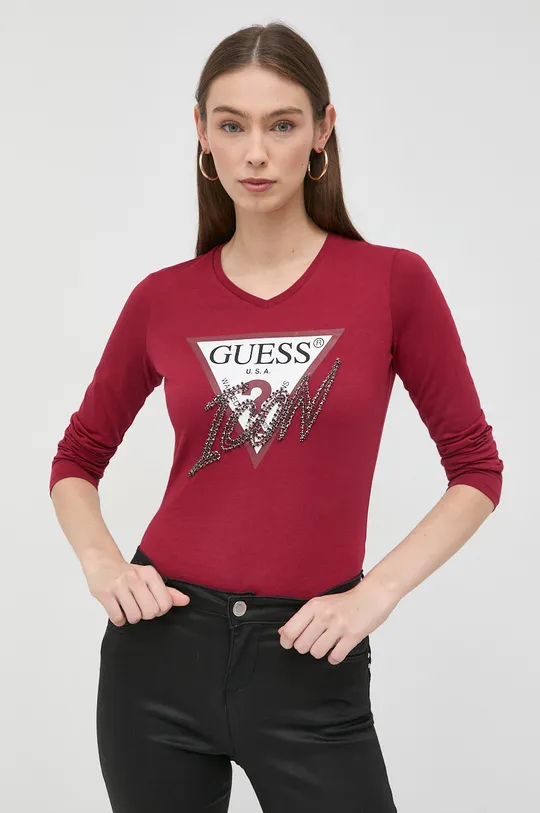 burgundské Bavlnené tričko s dlhým rukávom Guess