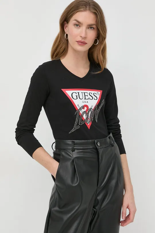 črna Bombažna majica z dolgimi rokavi Guess Ženski