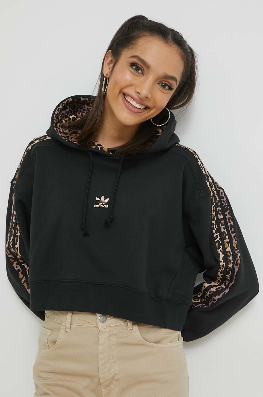 Хлопковая кофта adidas Originals женская цвет чёрный с капюшоном узор ...