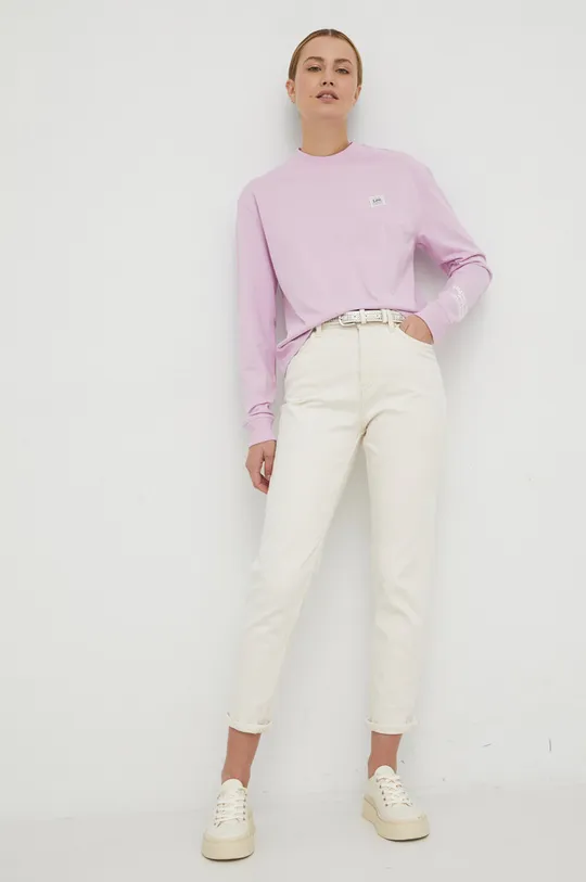 Βαμβακερή μπλούζα με μακριά μανίκια Lee ροζ