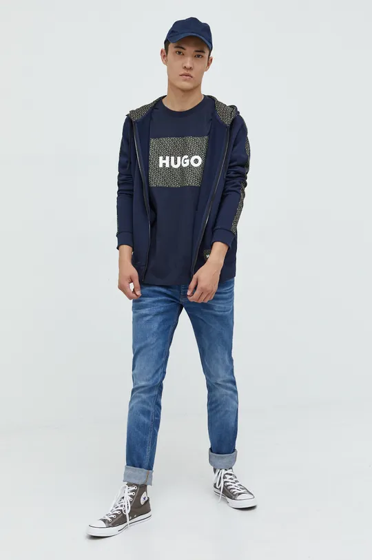 Βαμβακερή μπλούζα HUGO σκούρο μπλε