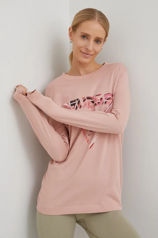 Βαμβακερή μπλούζα με μακριά μανίκια Guess ροζ