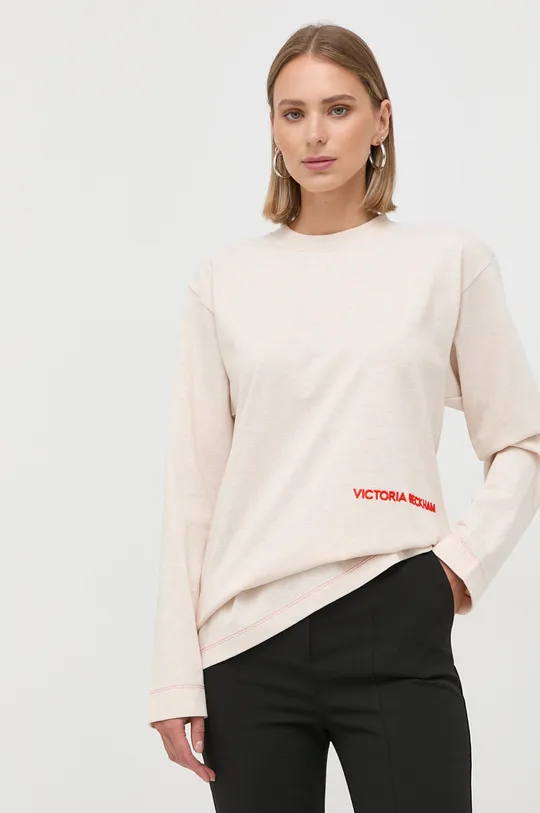 béžová Bavlnené tričko s dlhým rukávom Victoria Beckham