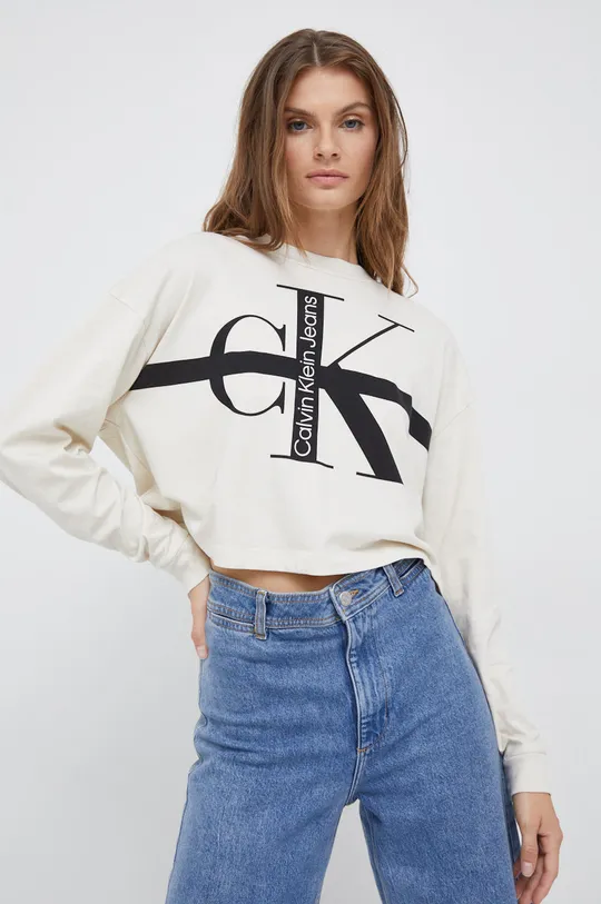 μπεζ Βαμβακερή μπλούζα με μακριά μανίκια Calvin Klein Jeans Γυναικεία
