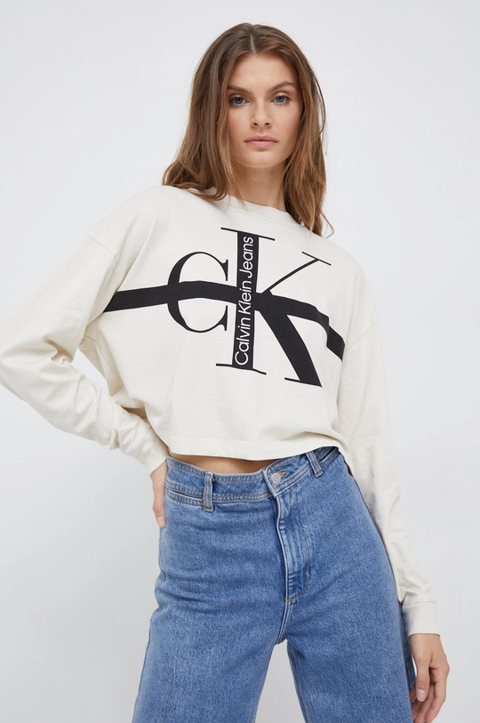 бежевый Хлопковый лонгслив Calvin Klein Jeans Женский