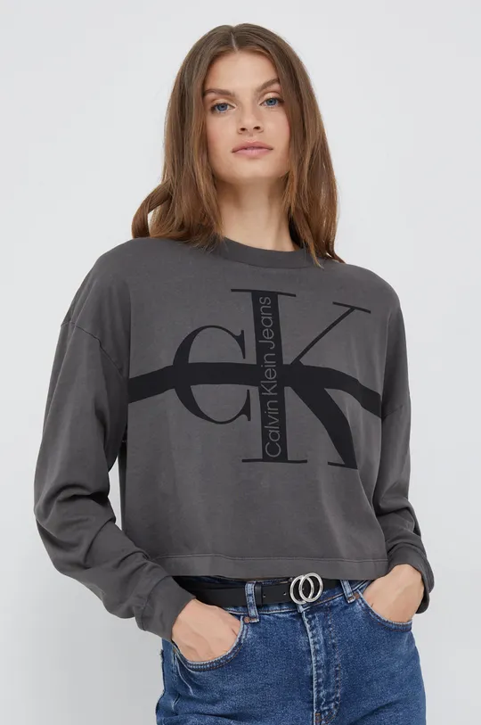 sivá Bavlnené tričko s dlhým rukávom Calvin Klein Jeans Dámsky