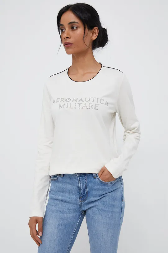 μπεζ Βαμβακερή μπλούζα με μακριά μανίκια Aeronautica Militare Γυναικεία