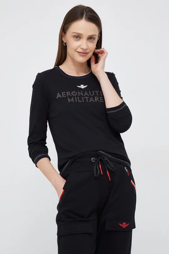μαύρο Βαμβακερή μπλούζα με μακριά μανίκια Aeronautica Militare Γυναικεία