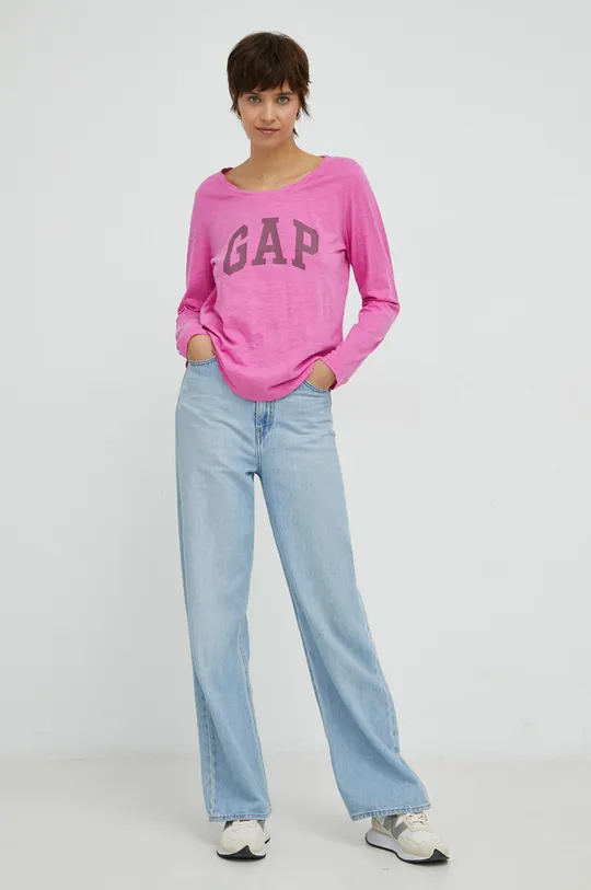 Βαμβακερή μπλούζα με μακριά μανίκια GAP ροζ