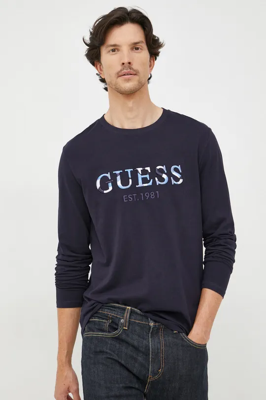 tmavomodrá Bavlnené tričko s dlhým rukávom Guess Pánsky