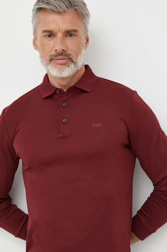burgundské Bavlnené tričko s dlhým rukávom BOSS