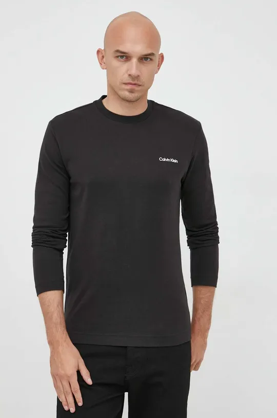 črna Bombažna majica z dolgimi rokavi Calvin Klein Moški