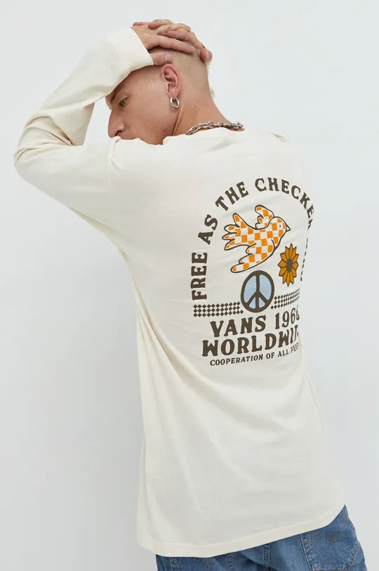 béžová Bavlnené tričko s dlhým rukávom Vans