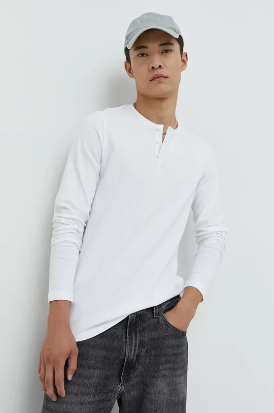 λευκό Βαμβακερή μπλούζα με μακριά μανίκια Solid Ανδρικά