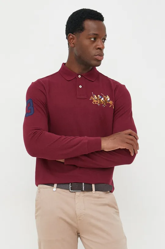 burgundské Bavlnené tričko s dlhým rukávom Polo Ralph Lauren Pánsky