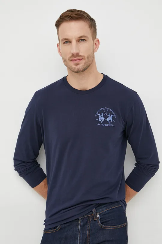 mornarsko modra Bombažna majica z dolgimi rokavi La Martina Moški