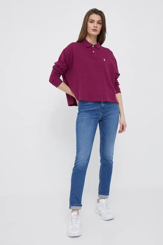 μωβ Βαμβακερή μπλούζα με μακριά μανίκια Polo Ralph Lauren Γυναικεία