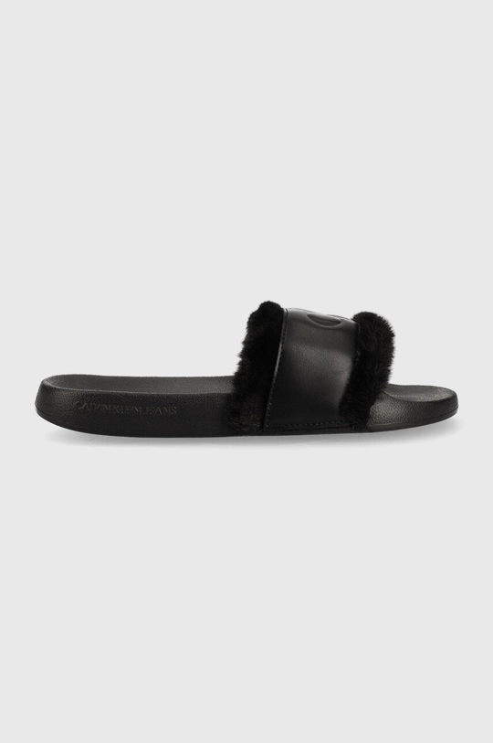 czarny Calvin Klein Jeans klapki Slide W/Fake Fur Damski