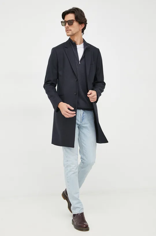 Μάλλινο παλτό PS Paul Smith σκούρο μπλε