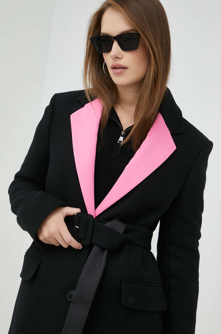 czarny Karl Lagerfeld płaszcz wełniany