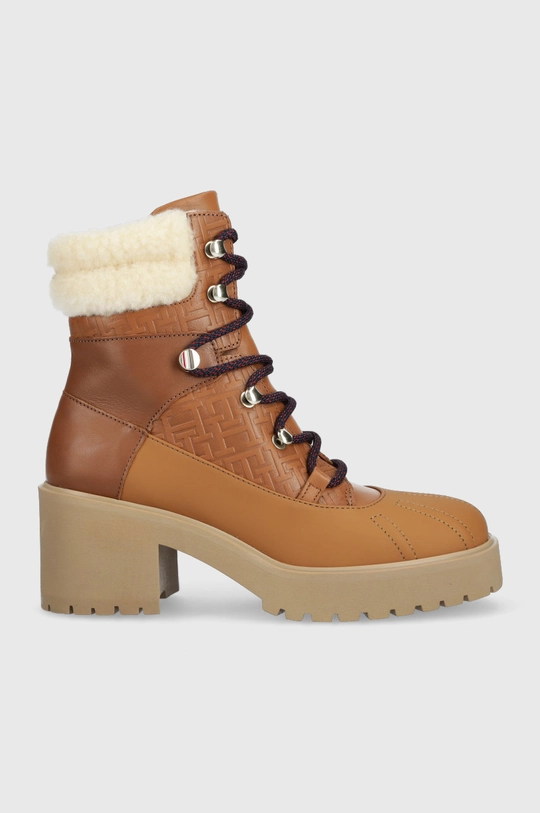 hnedá Kožené členkové topánky Tommy Hilfiger Heel Laced Monogram Boot Dámsky