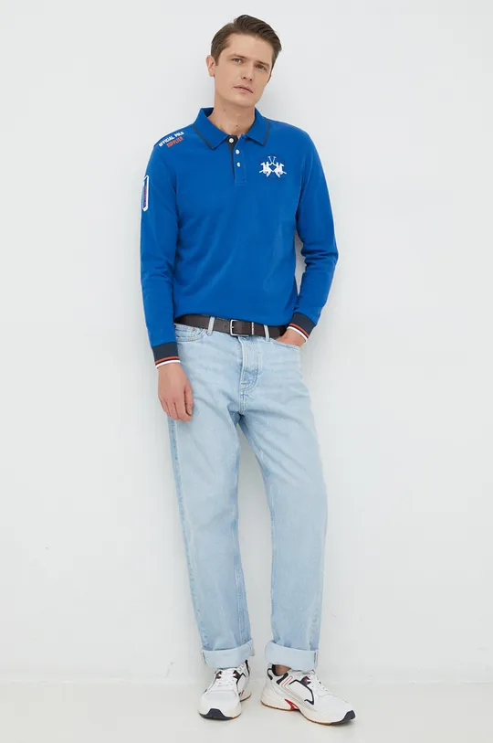 modrá Bavlnené tričko s dlhým rukávom La Martina Pánsky