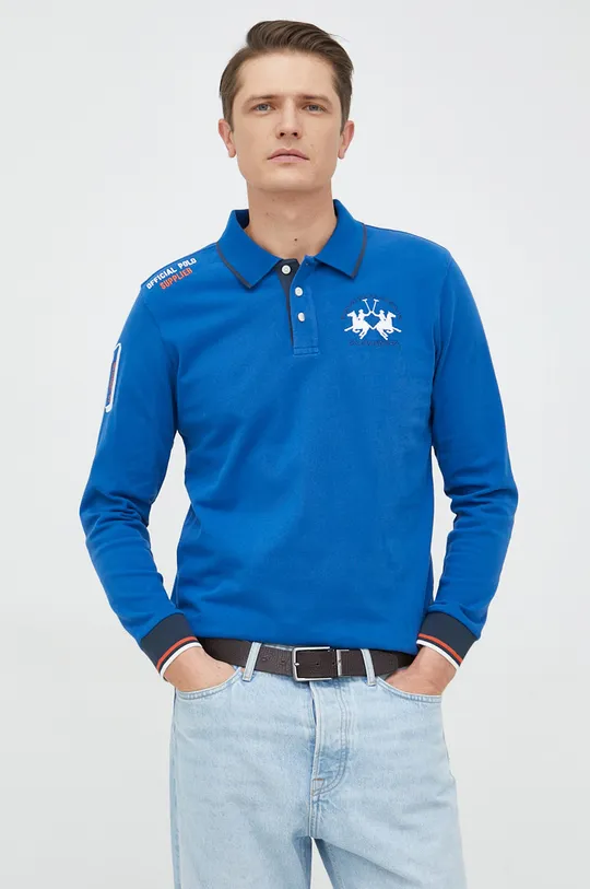 Bavlnené tričko s dlhým rukávom La Martina modrá