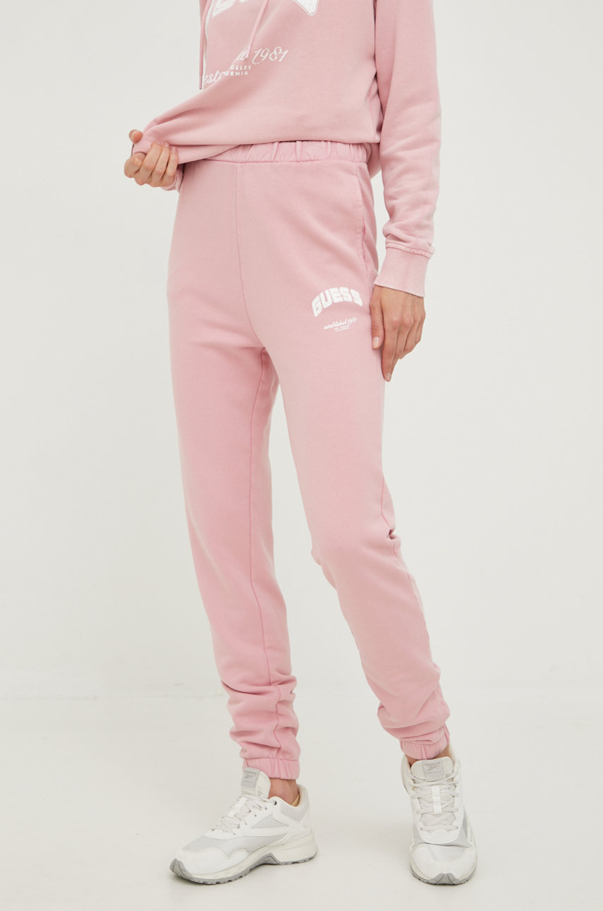 růžová Bavlněné tepláky Guess Dámský