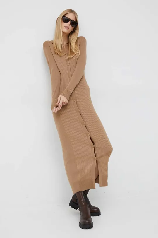 Šaty s prímesou vlny Calvin Klein béžová