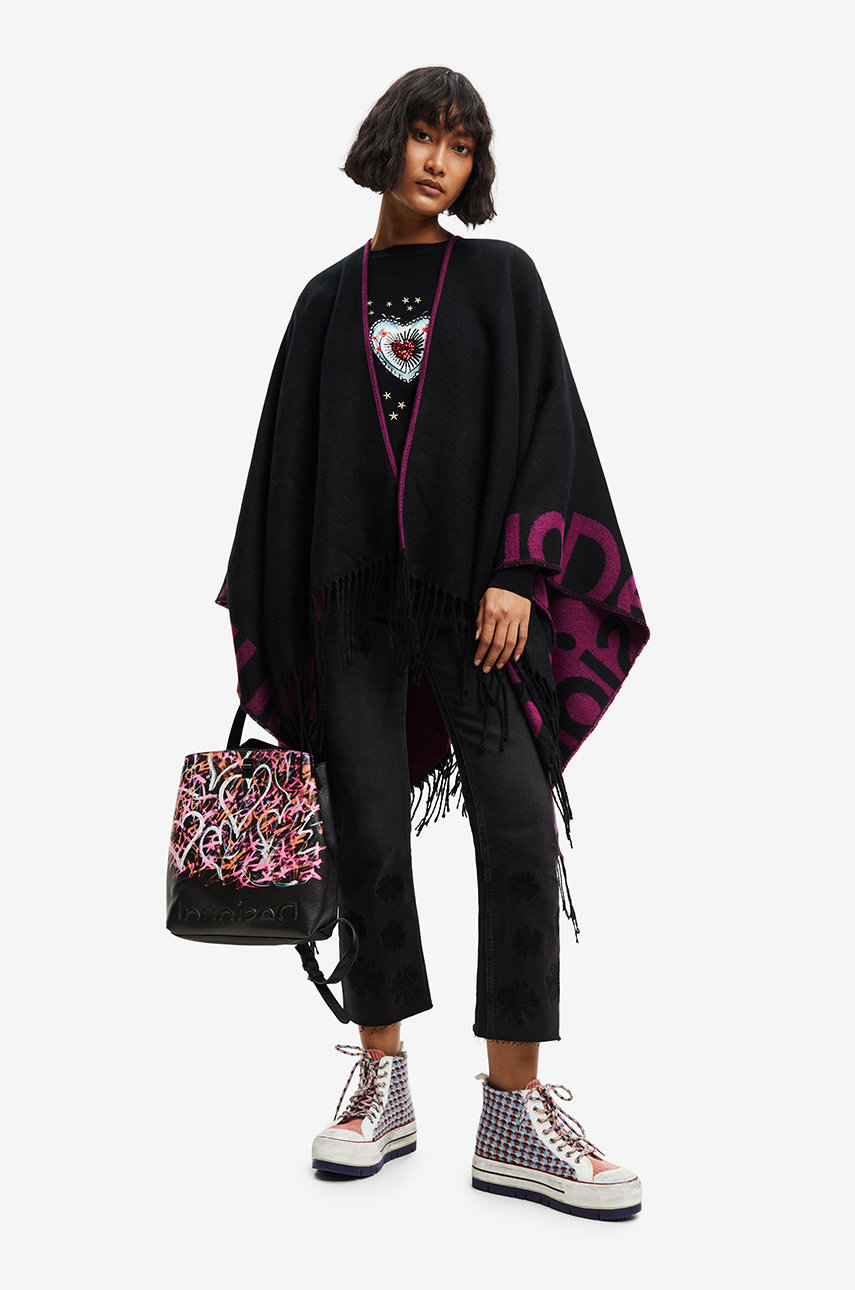 Oboustranné pončo Desigual purpurová