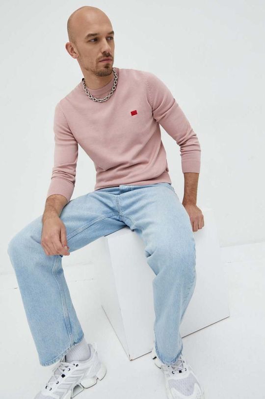 HUGO sweter bawełniany pastelowy różowy