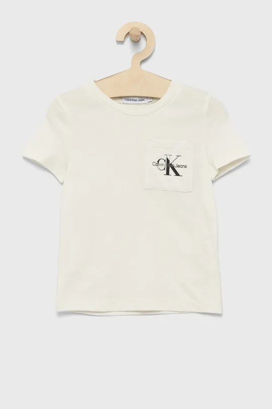 kremowy Calvin Klein Jeans t-shirt bawełniany dziecięcy IB0IB01345.9BYY Chłopięcy
