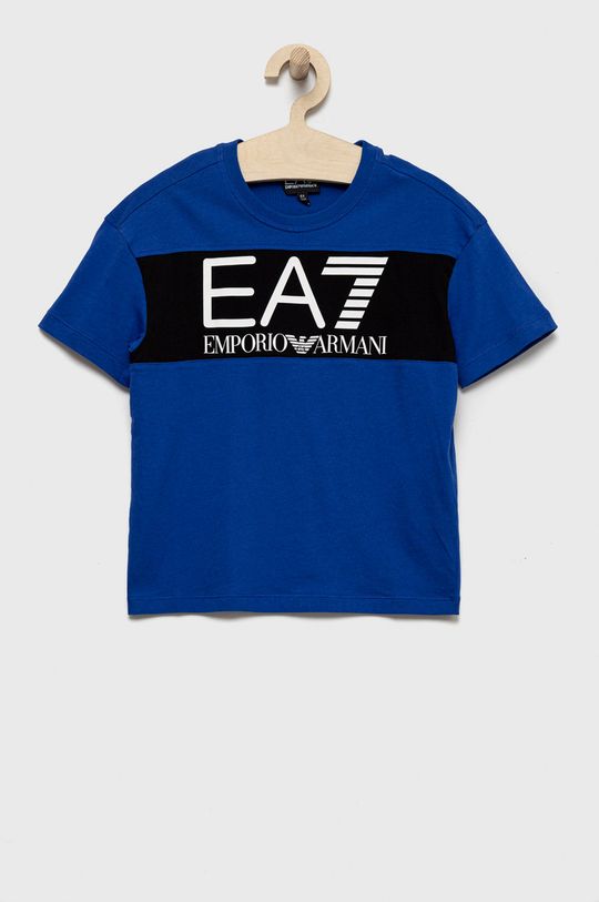 stalowy niebieski EA7 Emporio Armani t-shirt bawełniany dziecięcy Chłopięcy