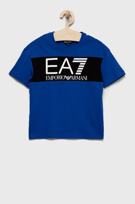 modrá Detské bavlnené tričko EA7 Emporio Armani Chlapčenský