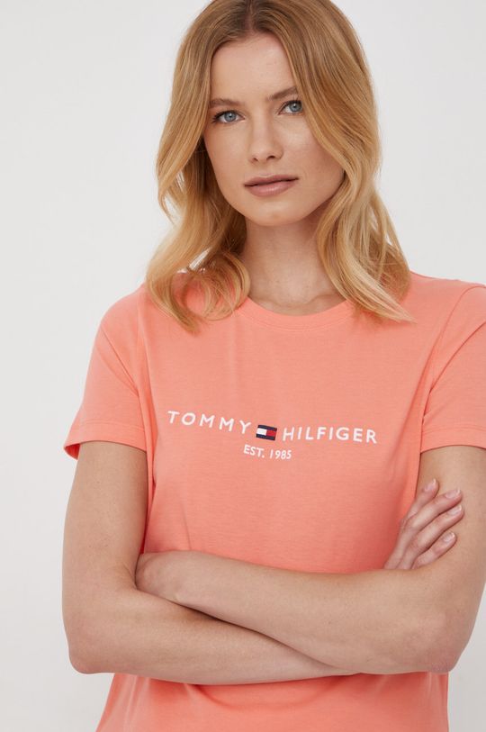 Bavlněné tričko Tommy Hilfiger korálová