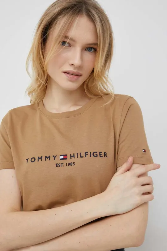 hnedá Bavlnené tričko Tommy Hilfiger Dámsky