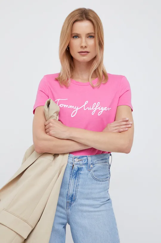 roza Pamučna majica Tommy Hilfiger Ženski