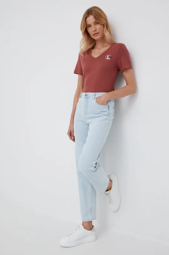 μπορντό Βαμβακερό μπλουζάκι Calvin Klein Jeans Γυναικεία