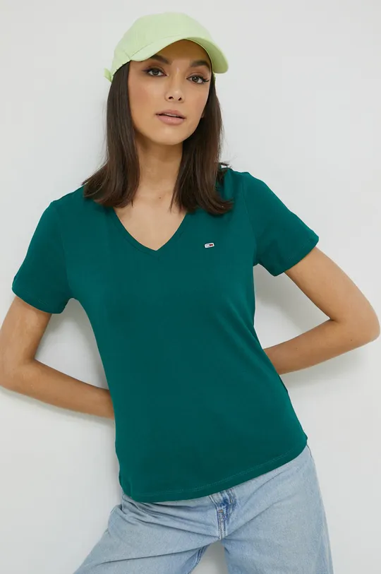 zelena Bombažna kratka majica Tommy Jeans Ženski