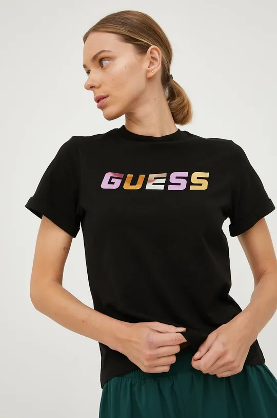 чёрный Хлопковая футболка Guess Женский
